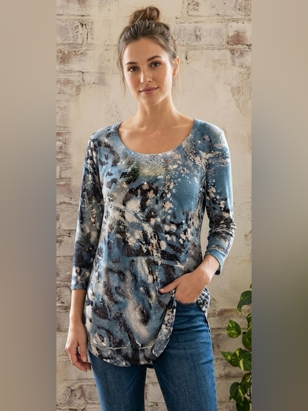ONE WORLD Aqua and Navy Abstract Print Long Sleeve Blouse